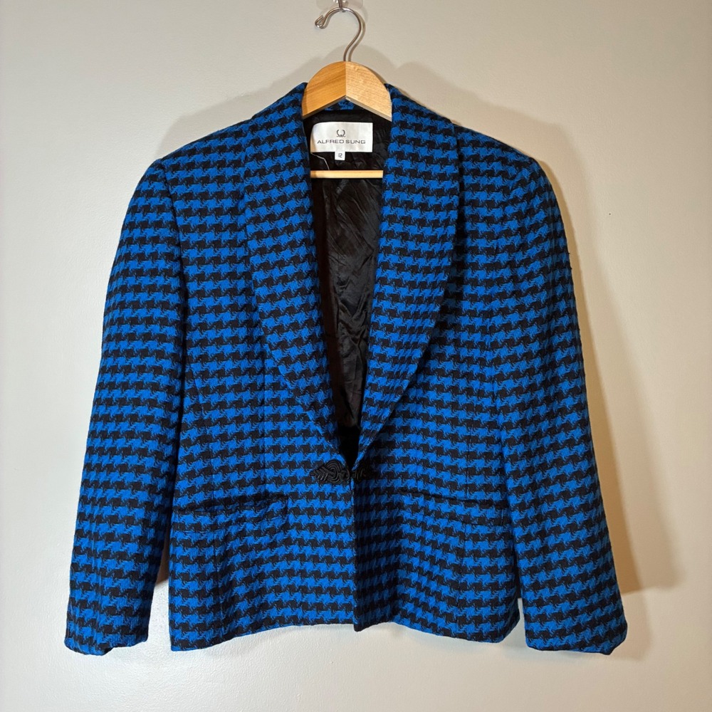 Alfred Sung Blue Black Houndstooth Wool Blazer Jacket Frog Toggle Vintage Sz 12